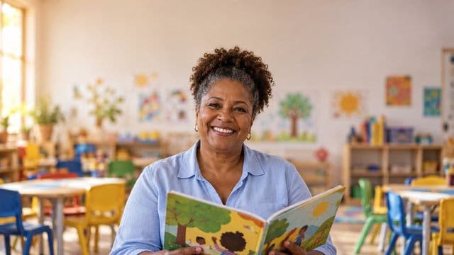 Professora de educação infantil sorrindo, com camisa casual azul-clara, segurando um livro infantil colorido sem título, em uma sala de aula infantil alegre, com mesinhas e desenhos nas paredes
