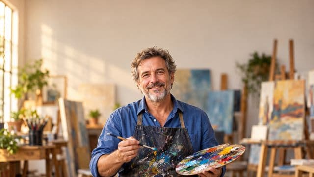 Arte-educador sorrindo, com avental de ateliê sobre camisa azul, segurando um pincel e uma paleta de cores, em um ateliê de artes claro com telas e cavaletes