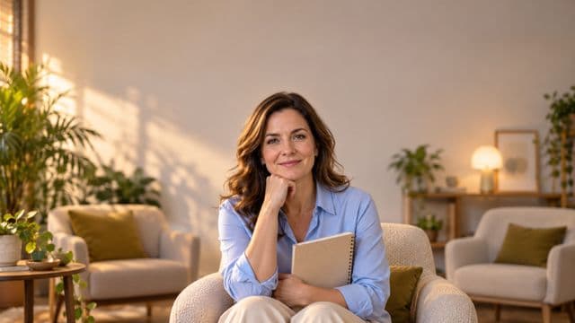 Psicóloga sorrindo, com camisa social azul, sem gravata, segurando um caderno de anotações, em um consultório de psicologia aconchegante com poltronas e plantas