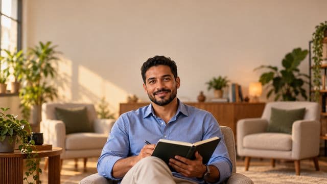 Psicólogo sorrindo, com camisa social azul, sem gravata, segurando um caderno de anotações, em um consultório de psicologia aconchegante com poltronas e plantas
