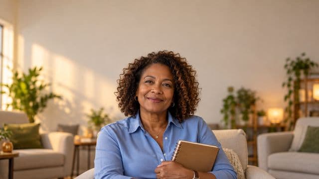 Psicóloga sorrindo, com camisa social azul, sem gravata, segurando um caderno de anotações, em um consultório de psicologia aconchegante com poltronas e plantas