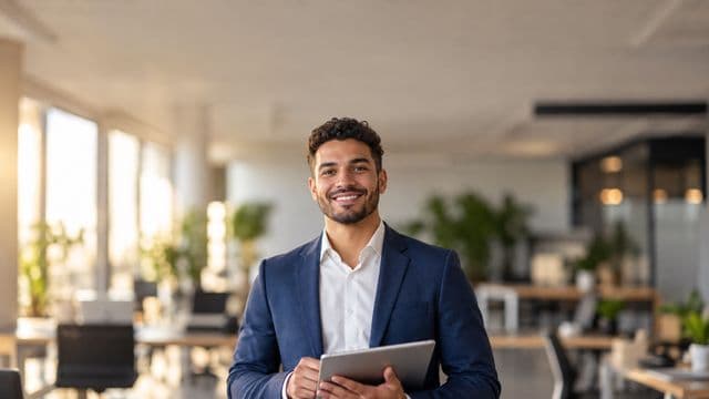 Profissional sorrindo, com blazer azul sobre camisa branca, segurando um tablet, em um escritório moderno e bem iluminado