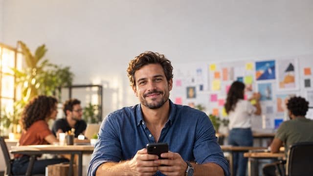 Profissional de marketing sorrindo, com camisa casual azul, segurando um smartphone, em uma agência criativa moderna com equipe desfocada e quadros de ideias