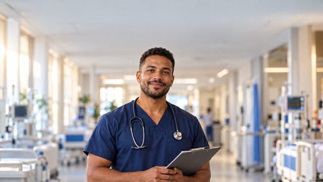 Enfermeiro sorrindo, com uniforme hospitalar azul-marinho e estetoscópio no pescoço, segurando uma prancheta, em o corredor de um hospital moderno e bem iluminado, com leitos e equipamentos