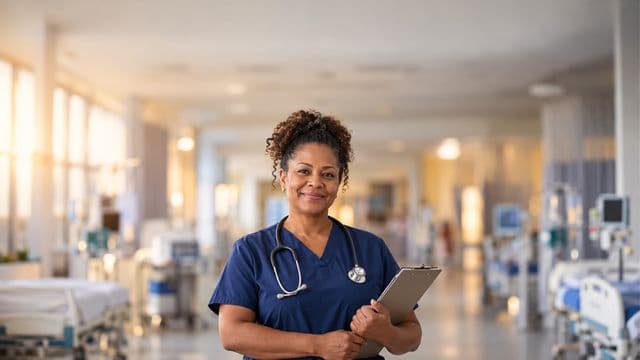 Enfermeira sorrindo, com uniforme hospitalar azul-marinho e estetoscópio no pescoço, segurando uma prancheta, em o corredor de um hospital moderno e bem iluminado, com leitos e equipamentos