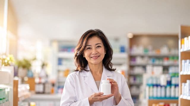 Farmacêutica sorrindo, com jaleco branco, segurando um frasco de medicamento sem rótulo legível, em uma farmácia moderna com prateleiras organizadas