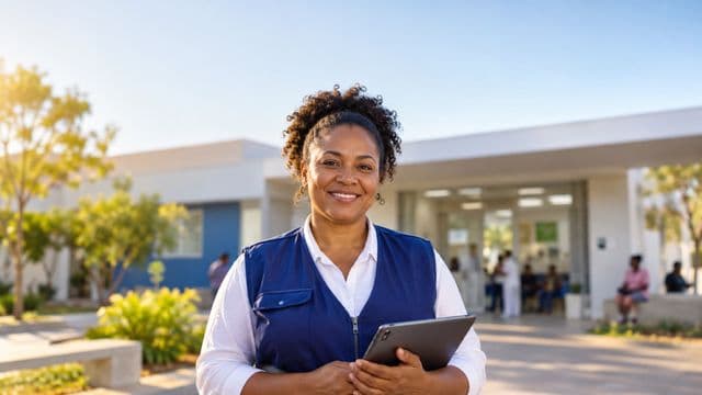 Agente de saúde pública sorrindo, com colete azul de equipe de saúde sobre camisa branca, segurando um tablet, em uma unidade básica de saúde moderna