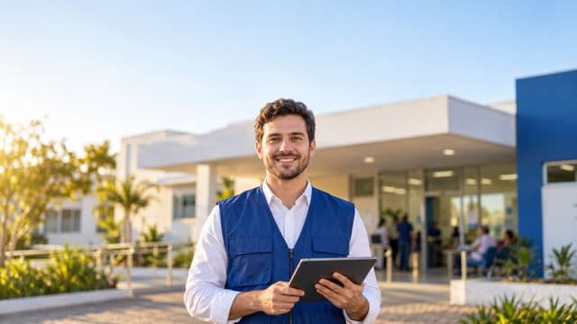 Agente de saúde pública sorrindo, com colete azul de equipe de saúde sobre camisa branca, segurando um tablet, em uma unidade básica de saúde moderna
