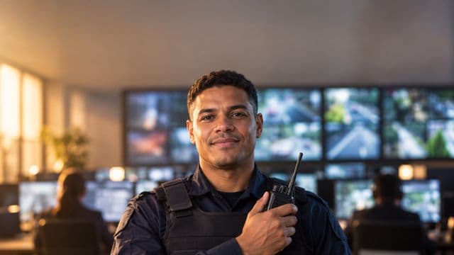Profissional de segurança pública sorrindo, com farda azul-escura sem brasões, segurando um rádio comunicador, em uma central de monitoramento com telas