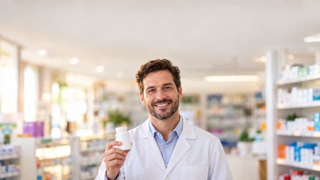 Farmacêutico sorrindo, com jaleco branco, segurando um frasco de medicamento sem rótulo legível, em uma farmácia moderna com prateleiras organizadas