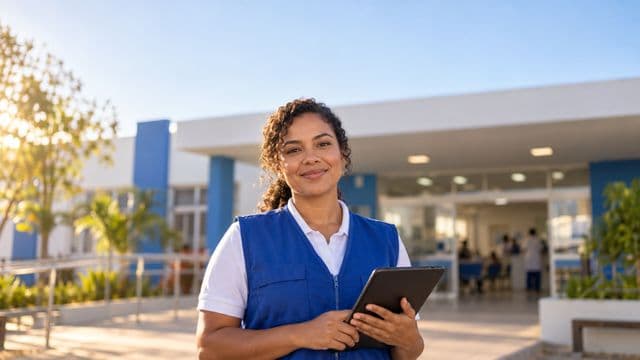 Agente de saúde pública sorrindo, com colete azul de equipe de saúde sobre camisa branca, segurando um tablet, em uma unidade básica de saúde moderna