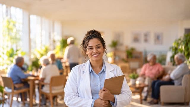 Profissional de gerontologia sorrindo, com jaleco branco sobre camisa azul-clara, segurando uma prancheta, em um centro de convivência para idosos, claro e acolhedor