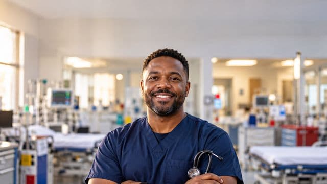 Profissional de emergência sorrindo, com uniforme azul-marinho de equipe de emergência, segurando um estetoscópio, em uma sala de emergência hospitalar moderna