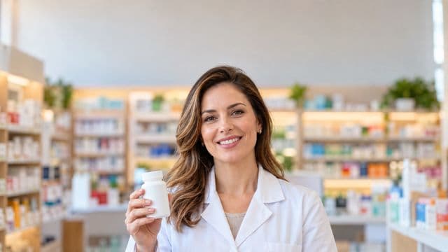 Farmacêutica sorrindo, com jaleco branco, segurando um frasco de medicamento sem rótulo legível, em uma farmácia moderna com prateleiras organizadas