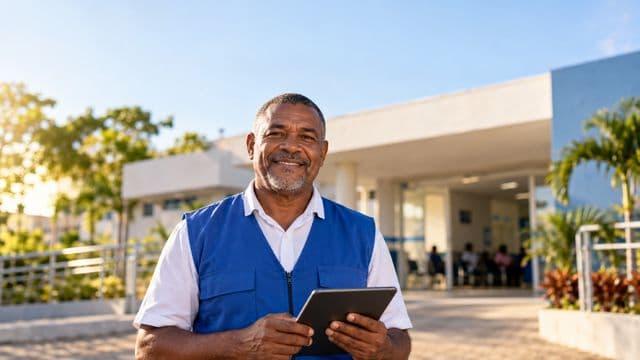 Agente de saúde pública sorrindo, com colete azul de equipe de saúde sobre camisa branca, segurando um tablet, em uma unidade básica de saúde moderna