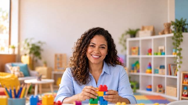 Psicopedagoga sorrindo, com camisa azul-clara, segurando blocos de montar coloridos, em uma sala de atendimento infantil colorida e organizada, com brinquedos pedagógicos