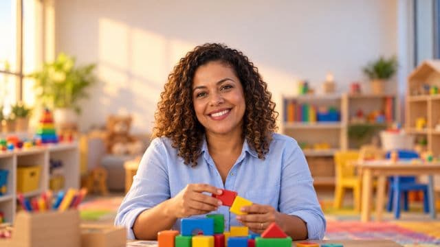 Psicopedagoga sorrindo, com camisa azul-clara, segurando blocos de montar coloridos, em uma sala de atendimento infantil colorida e organizada, com brinquedos pedagógicos