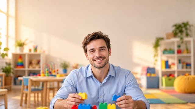 Psicopedagogo sorrindo, com camisa azul-clara, segurando blocos de montar coloridos, em uma sala de atendimento infantil colorida e organizada, com brinquedos pedagógicos