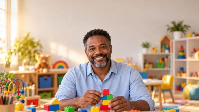 Psicopedagogo sorrindo, com camisa azul-clara, segurando blocos de montar coloridos, em uma sala de atendimento infantil colorida e organizada, com brinquedos pedagógicos