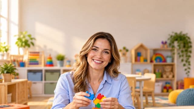 Psicopedagoga sorrindo, com camisa azul-clara, segurando blocos de montar coloridos, em uma sala de atendimento infantil colorida e organizada, com brinquedos pedagógicos