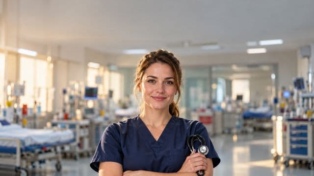 Profissional de emergência sorrindo, com uniforme azul-marinho de equipe de emergência, segurando um estetoscópio, em uma sala de emergência hospitalar moderna