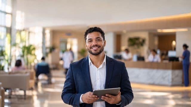 Gestor hospitalar sorrindo, com blazer azul-marinho sobre camisa branca, segurando um tablet, em a recepção de um hospital moderno