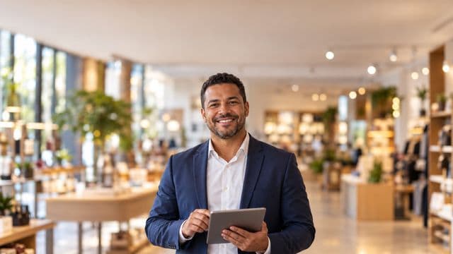 Gerente comercial sorrindo, com blazer azul-marinho sobre camisa branca, segurando um tablet, em uma loja moderna e bem iluminada