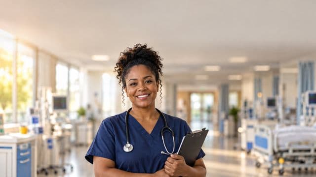 Enfermeira sorrindo, com uniforme hospitalar azul-marinho e estetoscópio no pescoço, segurando uma prancheta, em o corredor de um hospital moderno e bem iluminado, com leitos e equipamentos