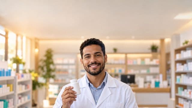 Farmacêutico sorrindo, com jaleco branco, segurando um frasco de medicamento sem rótulo legível, em uma farmácia moderna com prateleiras organizadas