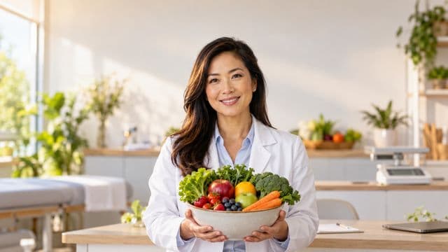 Nutricionista sorrindo, com jaleco branco sobre camisa azul-clara, segurando uma tigela de frutas e legumes frescos, em um consultório de nutrição claro com bancada e balança