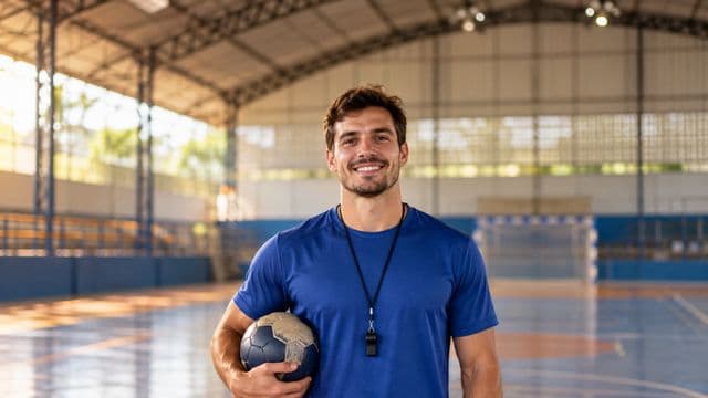Profissional de educação física sorrindo, com camiseta esportiva azul e apito no pescoço, segurando uma bola, em uma quadra poliesportiva coberta e bem iluminada