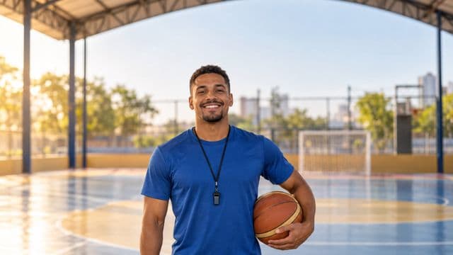 Profissional de educação física sorrindo, com camiseta esportiva azul e apito no pescoço, segurando uma bola, em uma quadra poliesportiva coberta e bem iluminada
