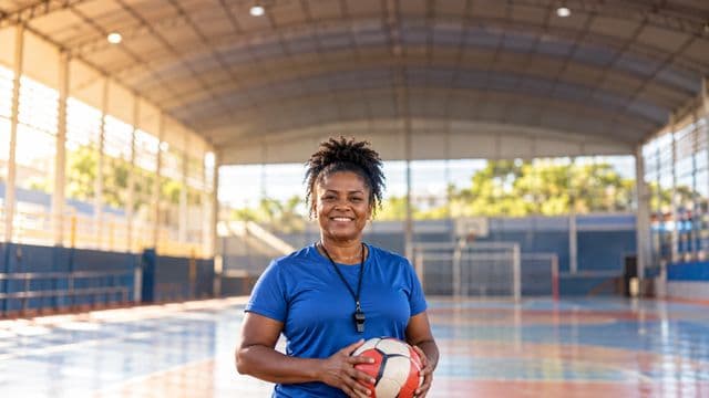 Profissional de educação física sorrindo, com camiseta esportiva azul e apito no pescoço, segurando uma bola, em uma quadra poliesportiva coberta e bem iluminada