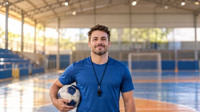 Profissional de educação física sorrindo, com camiseta esportiva azul e apito no pescoço, segurando uma bola, em uma quadra poliesportiva coberta e bem iluminada
