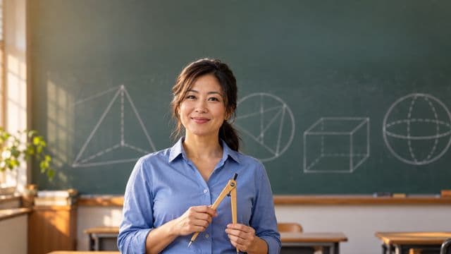 Professora de exatas sorrindo, com camisa social azul, segurando um compasso de madeira, em uma sala de aula com lousa coberta de formas geométricas