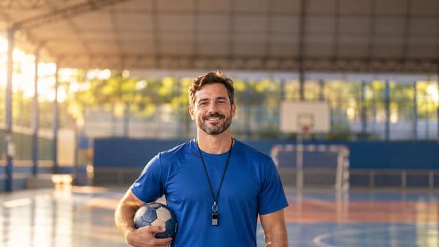 Profissional de educação física sorrindo, com camiseta esportiva azul e apito no pescoço, segurando uma bola, em uma quadra poliesportiva coberta