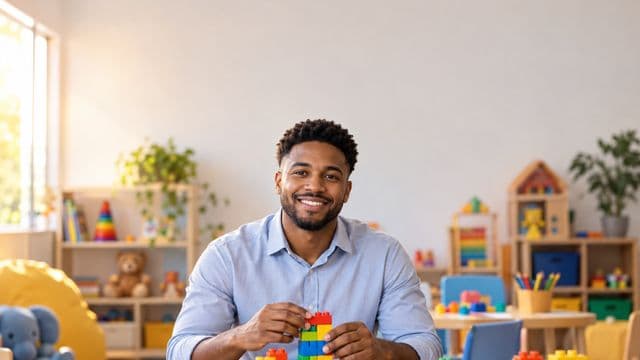 Psicopedagogo sorrindo, com camisa azul-clara, segurando blocos de montar coloridos, em uma sala de atendimento infantil colorida e organizada, com brinquedos pedagógicos