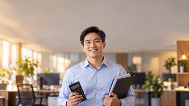 Contador sorrindo, com camisa social azul-clara, segurando uma calculadora e uma pasta de documentos, em um escritório contábil moderno