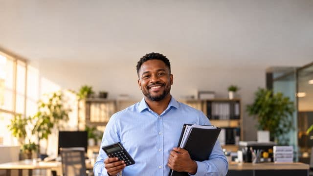 Contador sorrindo, com camisa social azul-clara, segurando uma calculadora e uma pasta de documentos, em um escritório contábil moderno