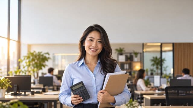Contadora sorrindo, com camisa social azul-clara, segurando uma calculadora e uma pasta de documentos, em um escritório contábil moderno