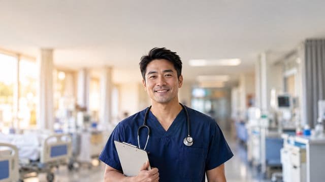 Enfermeiro sorrindo, com uniforme hospitalar azul-marinho e estetoscópio no pescoço, segurando uma prancheta, em o corredor de um hospital moderno e bem iluminado, com leitos e equipamentos