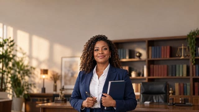 Advogada sorrindo, com terno azul-marinho e camisa branca, segurando um livro de capa lisa e uma caneta, em um escritório de advocacia elegante com estantes de livros