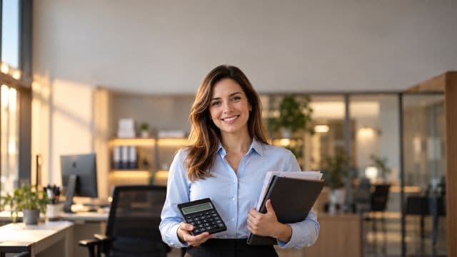 Contadora sorrindo, com camisa social azul-clara, segurando uma calculadora e uma pasta de documentos, em um escritório contábil moderno