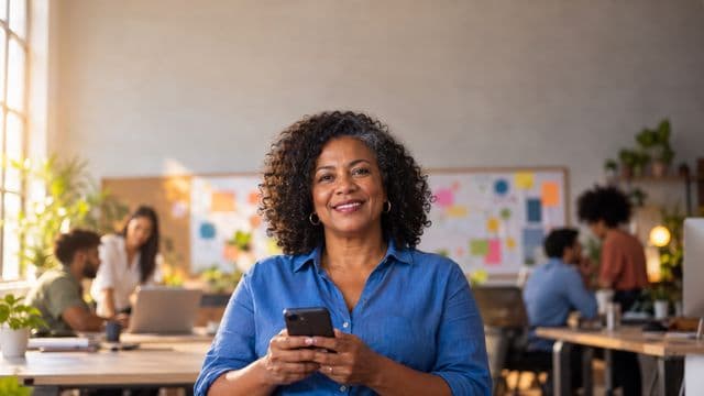 Profissional de marketing sorrindo, com camisa casual azul, segurando um smartphone, em uma agência criativa moderna com equipe desfocada e quadros de ideias