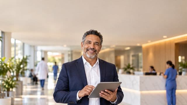 Gestor hospitalar sorrindo, com blazer azul-marinho sobre camisa branca, segurando um tablet, em a recepção de um hospital moderno
