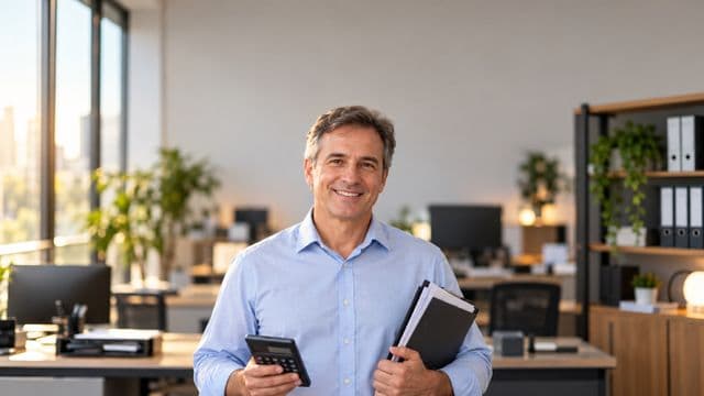 Contador sorrindo, com camisa social azul-clara, segurando uma calculadora e uma pasta de documentos, em um escritório contábil moderno