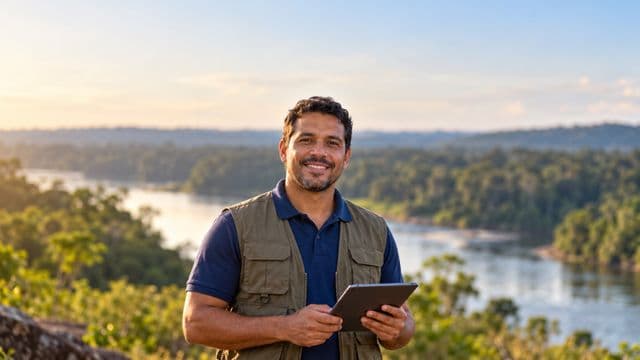 Gestor ambiental sorrindo, com camisa polo azul e colete de campo, segurando um tablet, em uma área de preservação com mata e um rio