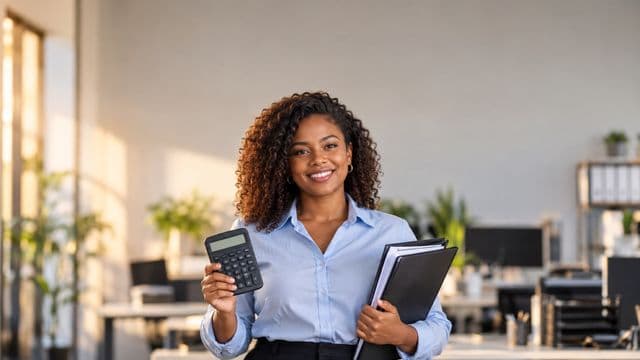 Contadora sorrindo, com camisa social azul-clara, segurando uma calculadora e uma pasta de documentos, em um escritório contábil moderno