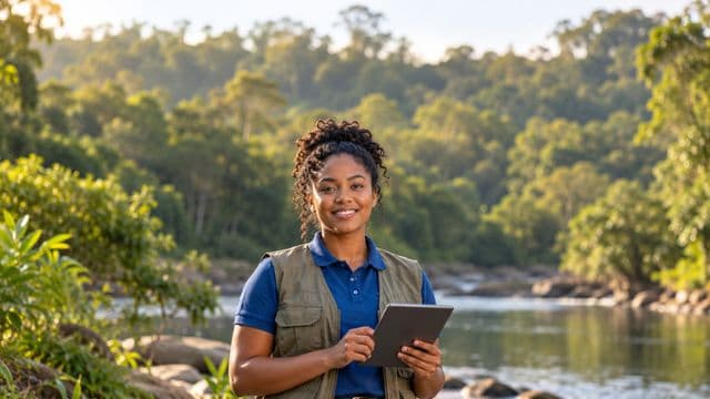 Gestora ambiental sorrindo, com camisa polo azul e colete de campo, segurando um tablet, em uma área de preservação com mata e um rio