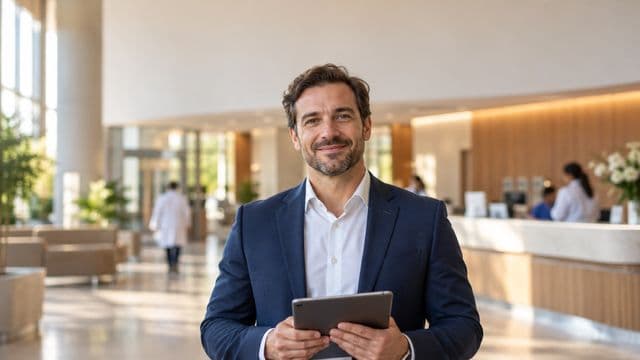 Gestor hospitalar sorrindo, com blazer azul-marinho sobre camisa branca, segurando um tablet, em a recepção de um hospital moderno